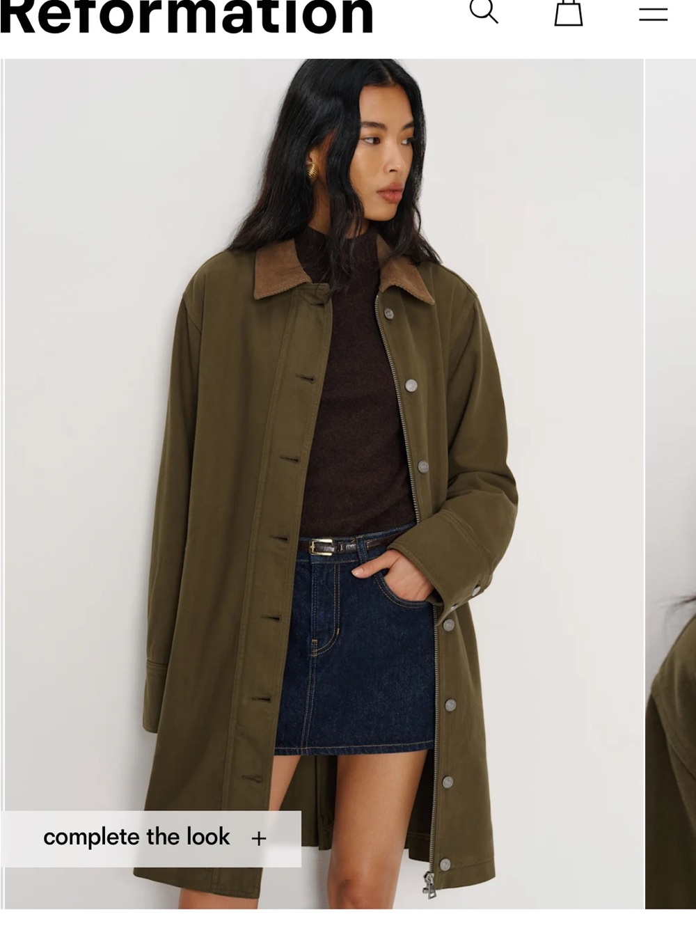 Brand New with Tags - Reformation Size Small Olive Green Mid-Length Button Coat - Picture 2 of 11